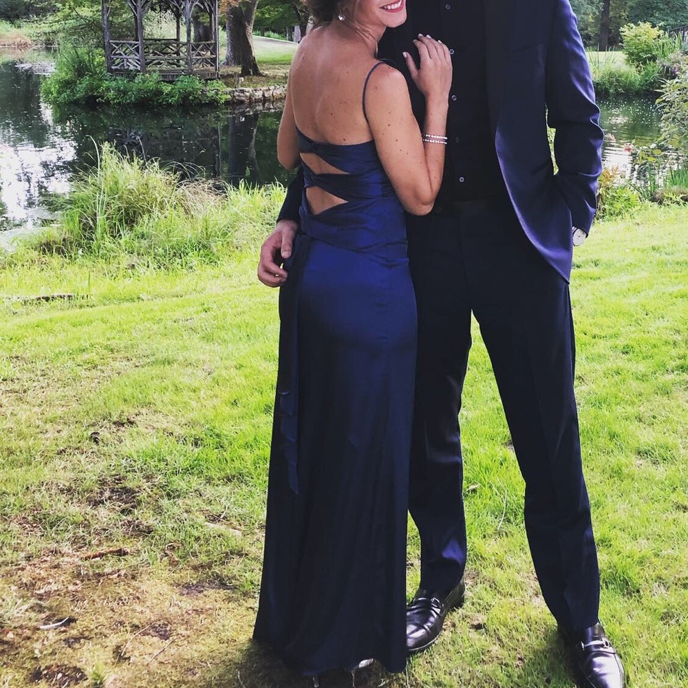 Navy Blue Spaghetti Strap Open-Back Satin Dress